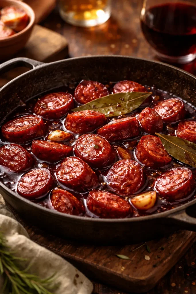Chorizo cooking in red wine reduction