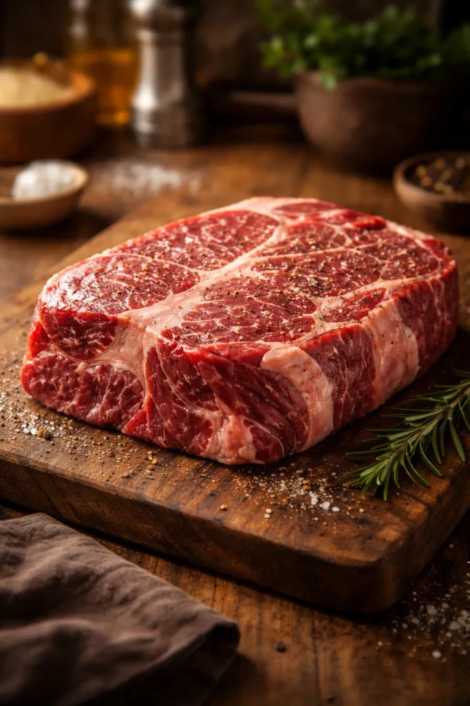 10 Slow Cooker Beef Recipes Fork-Tender 1 Close-up of a marbled chuck roast on a wooden board