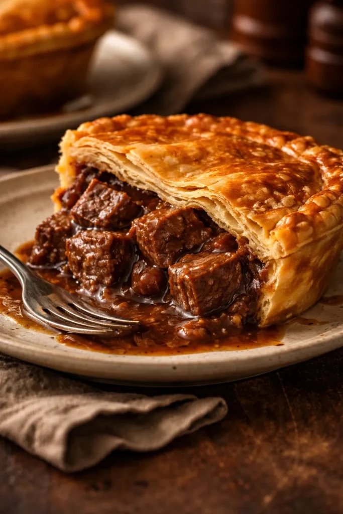 Slice of chunky chuck beef pie with rich wine gravy