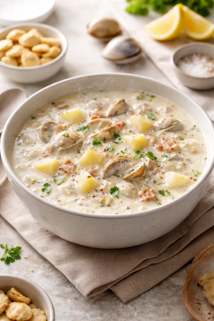 12 Classic American Dinners Everyone Loves 9 Creamy New England clam chowder with clams and potatoes in a bowl