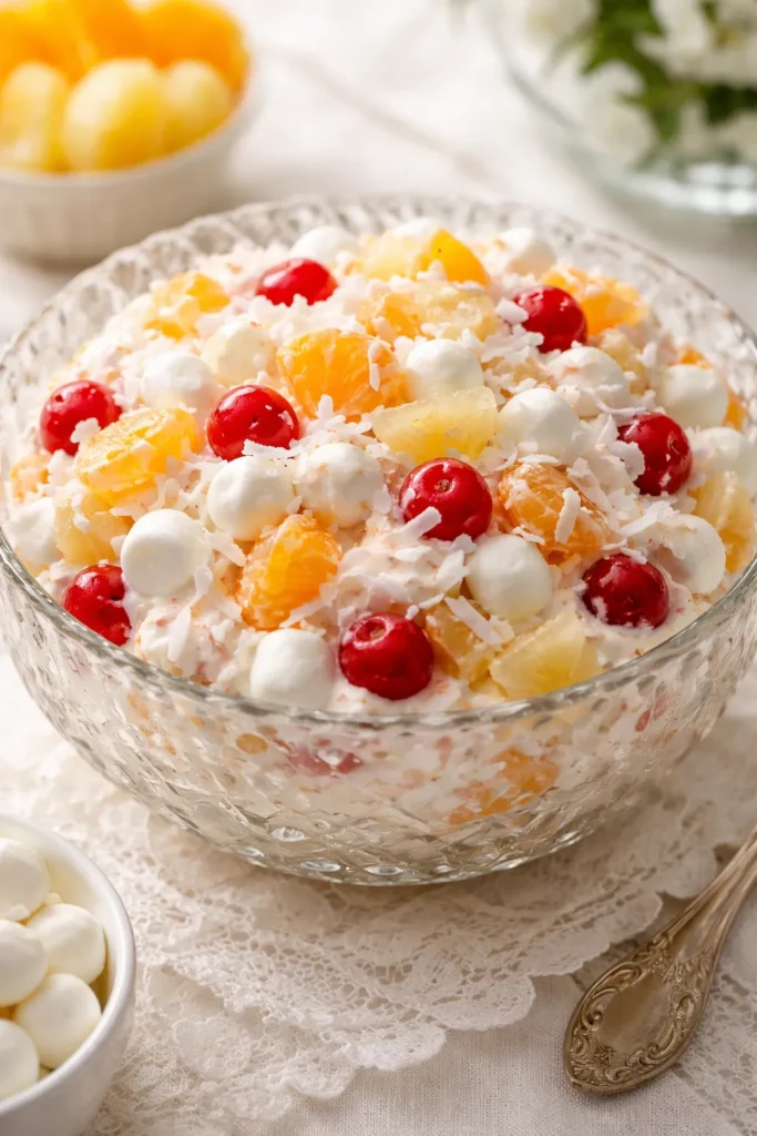 8 Ambrosia Salad Recipes for Potlucks 1 Traditional creamy ambrosia salad with oranges, cherries, and marshmallows in a glass bowl