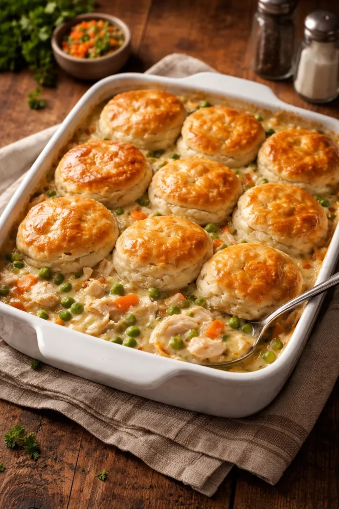 10 Chicken and Biscuit Dinners for Cozy Nights 1 Creamy chicken and vegetables under golden biscuits in a casserole dish