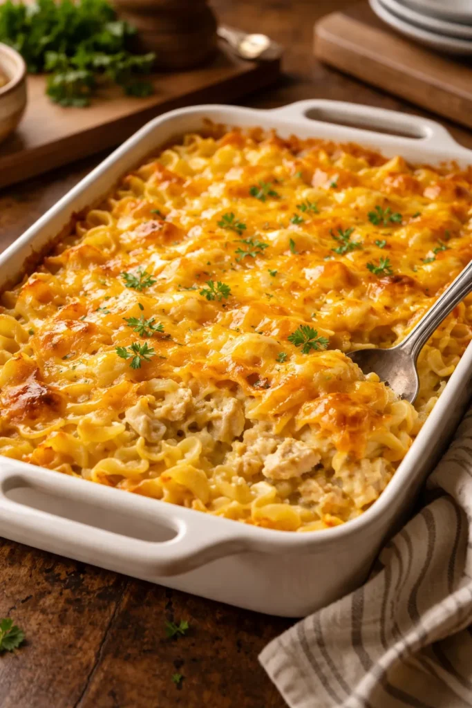 10 Cheesy Chicken Casseroles Worth the Mess 1 Classic Chicken Noodle Casserole in a baking dish with melted cheddar visible