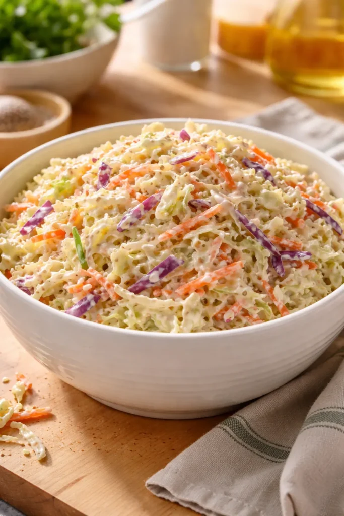 Close-up of Classic Creamy Southern Coleslaw in a white bowl with cabbage and celery seed