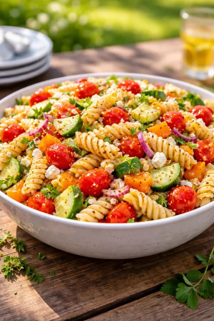 8 Pasta Salad Recipes for Your Next Cookout 1 Close-up of a vibrant Classic Italian Pasta Salad with feta and vegetables dressed in Italian dressing