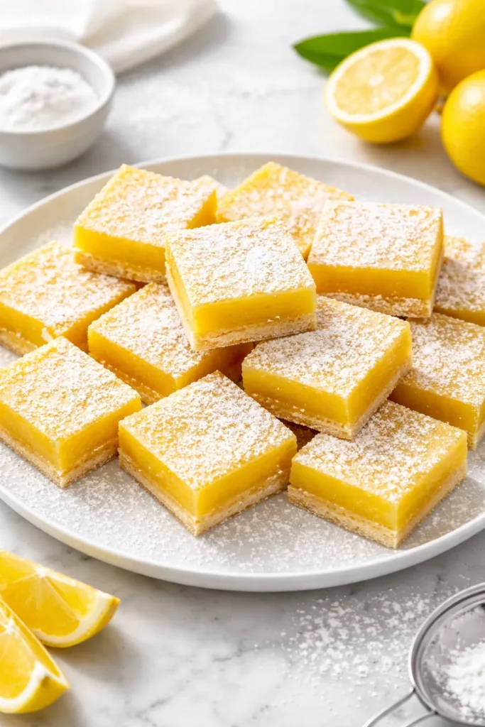15 Crowd-Pleasing Desserts for Summer BBQs 4 Lemon bars on a plate with powdered sugar dusting