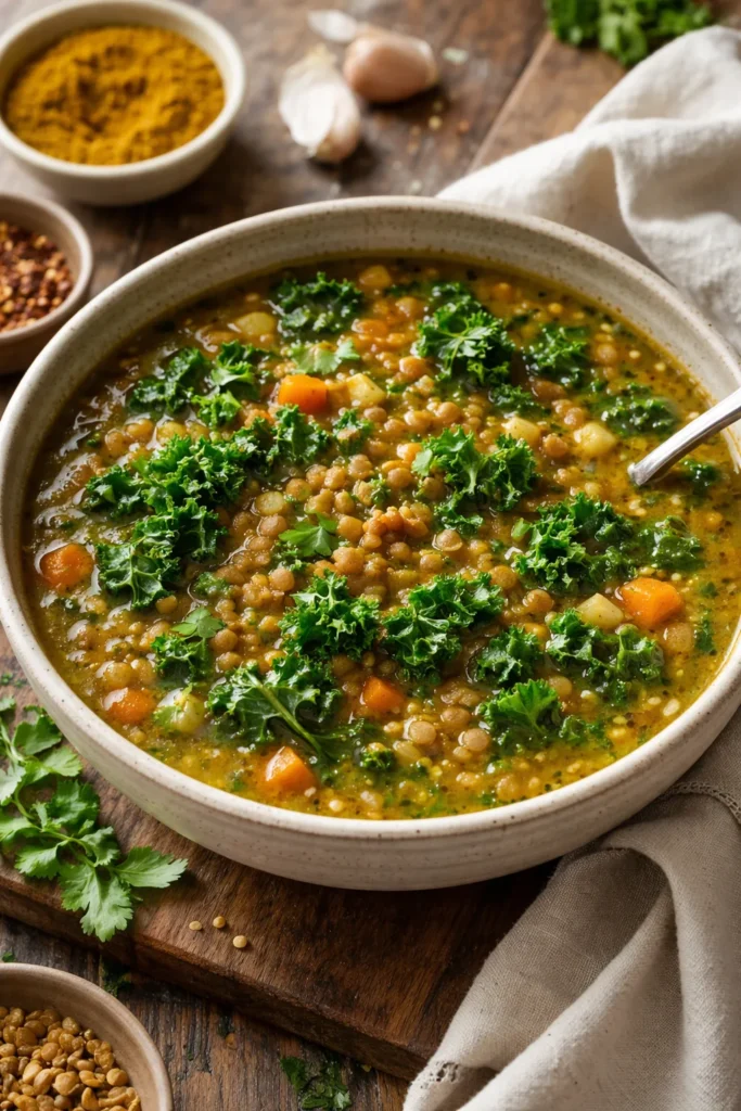 Bowl of lentil kale soup with curry and cumin showing lentils and kale
