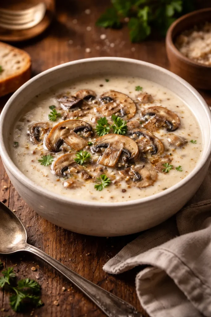 Close-up of creamy mushroom soup with browned mushroom pieces in a white bowl