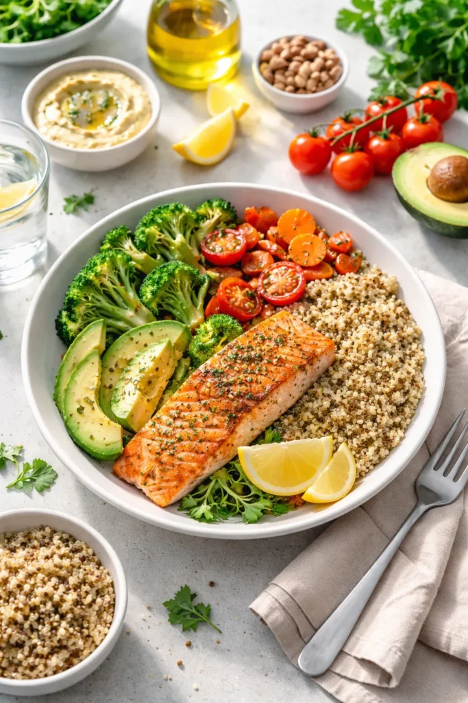 10 Clean Eating Recipes for the Whole Week 1 Colorful plate of quinoa, roasted vegetables, and salmon illustrating clean eating in practice