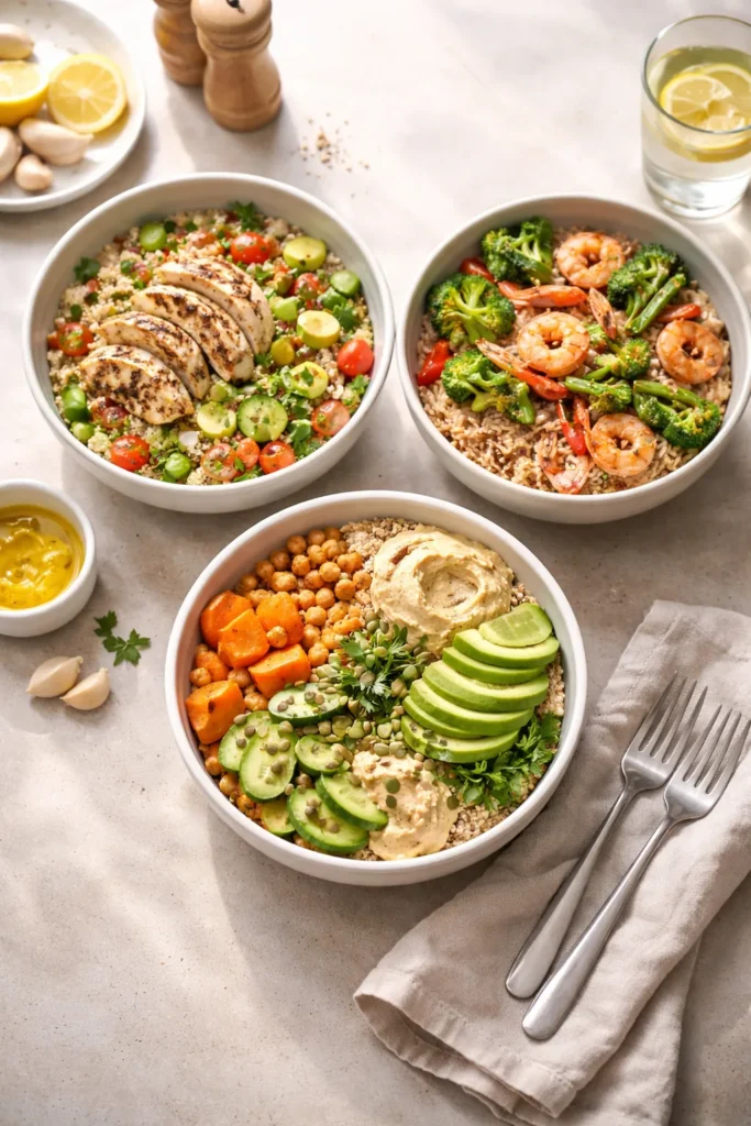 10 Clean Eating Recipes for the Whole Week 14 Calm kitchen scene with three bowls of simple clean-eating meals
