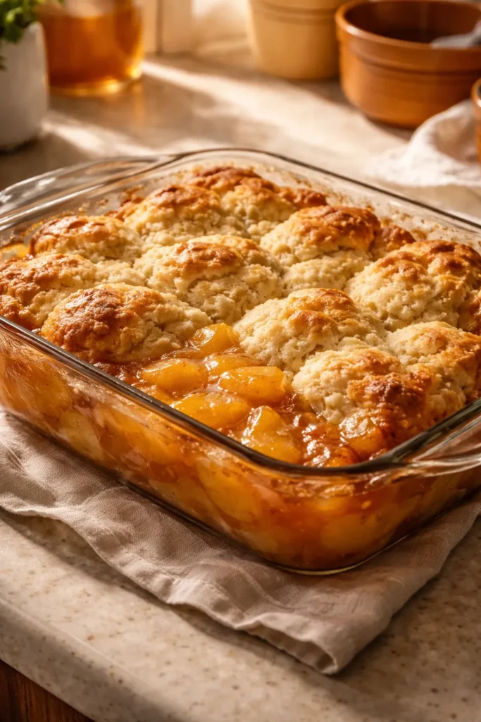 Canned Peach Cobbler That Tastes Fresh 11 Golden-brown cobbler with bubbling peach filling
