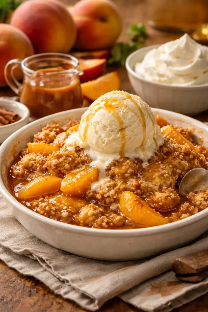 Canned Peach Cobbler That Tastes Fresh 16 Peach cobbler served with melting vanilla ice cream
