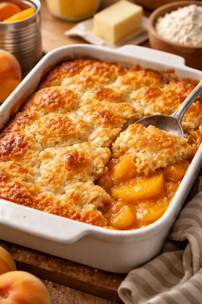 5-Minute Bisquick Cobbler With Canned Peaches 10 Baking dish with peach cobbler showing a glossy golden top