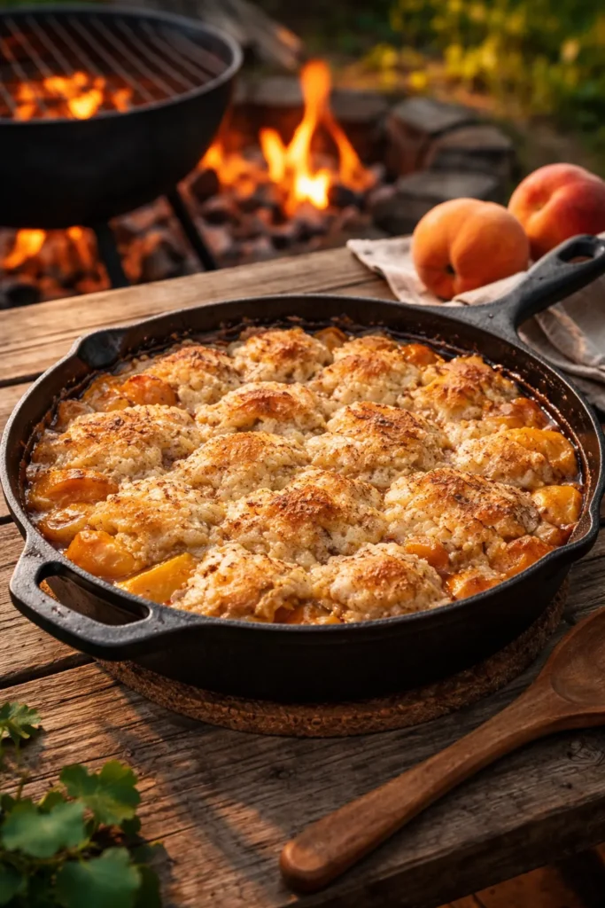 Peach cobbler in a cast-iron skillet outdoors