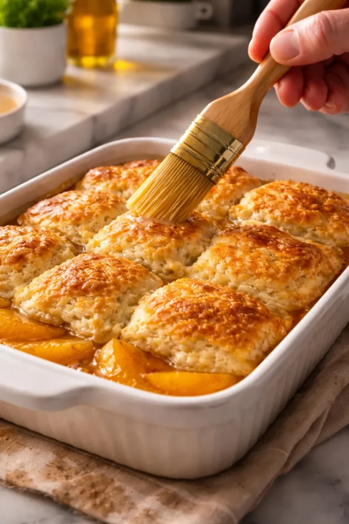 Canned Peach Cobbler That Tastes Fresh 12 Butter brushed over cobbler topping in kitchen