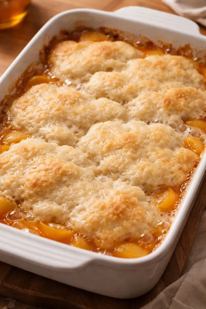 5-Minute Bisquick Cobbler With Canned Peaches 18 Pale peach cobbler topping not yet golden brown
