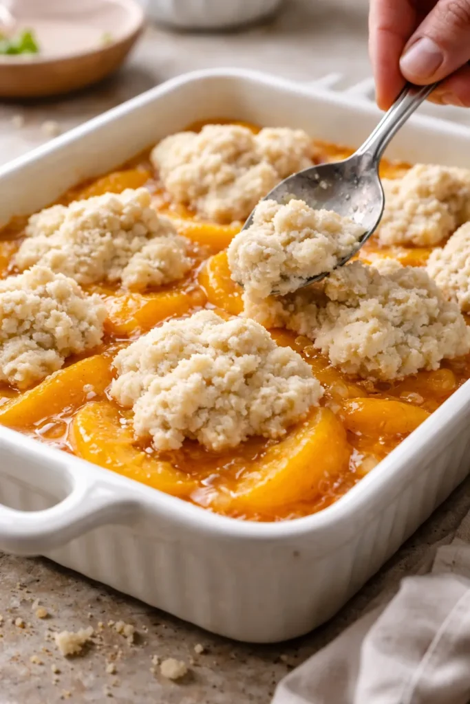 Canned Peach Cobbler That Tastes Fresh 10 Dollops of biscuit batter on peach filling in baking dish