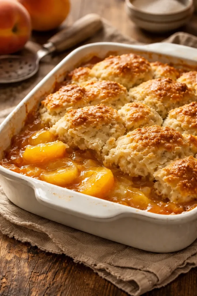 Canned Peach Cobbler That Tastes Fresh 13 Close-up of peach cobbler with bubbling filling and light biscuit topping
