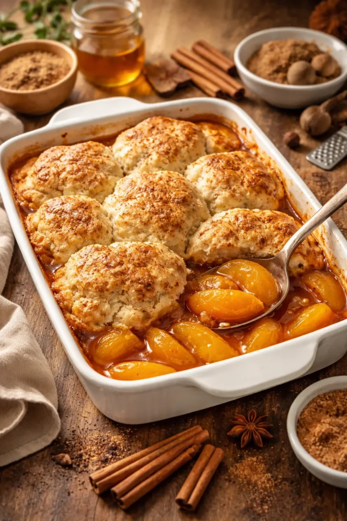 Canned Peach Cobbler That Tastes Fresh 14 Peach cobbler with cinnamon specks on topping suggesting flavor twists