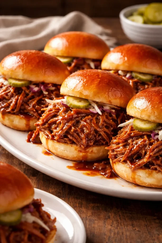8 Pulled Pork Sliders for Your Next Party 3 Sliders with shredded pork and BBQ glaze on a plate