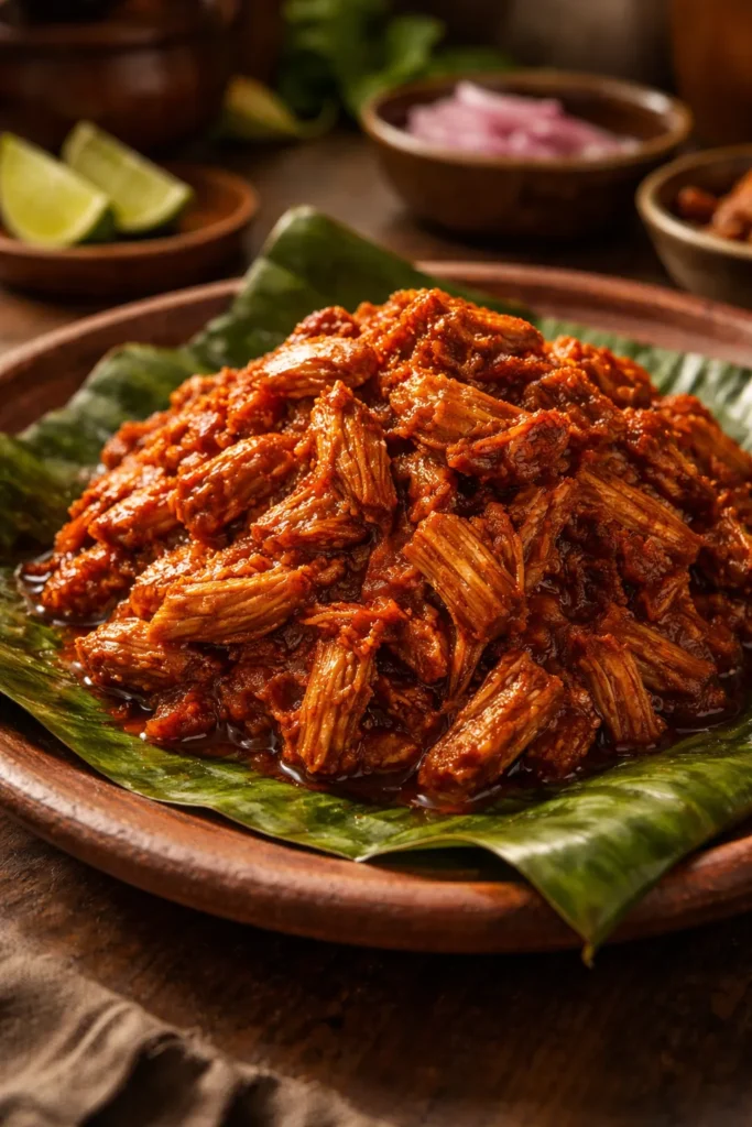 10 Mexican Dishes Worth Making From Scratch 8 Brick-red cochinita pibil pork served on a banana leaf