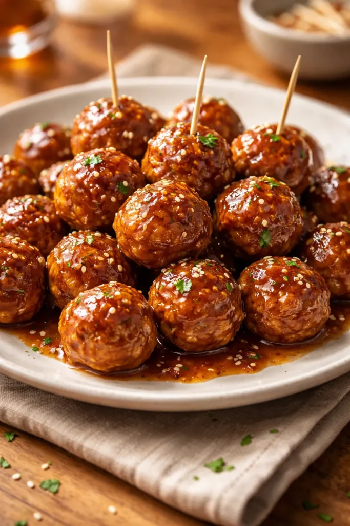 8 Game Night Snacks Everyone Fights Over 3 Small meatballs with glossy sweet-spicy glaze on a neutral plate.