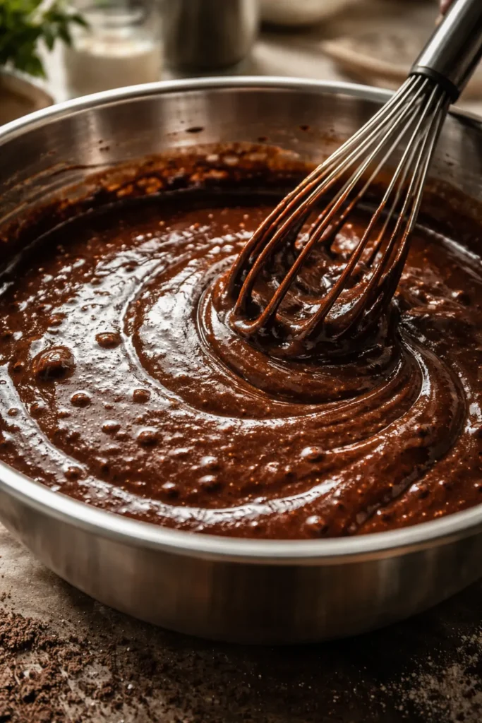 Easiest One Bowl Chocolate Cake For Beginners 5 Batter close-up showing bubbles and cocoa bloom