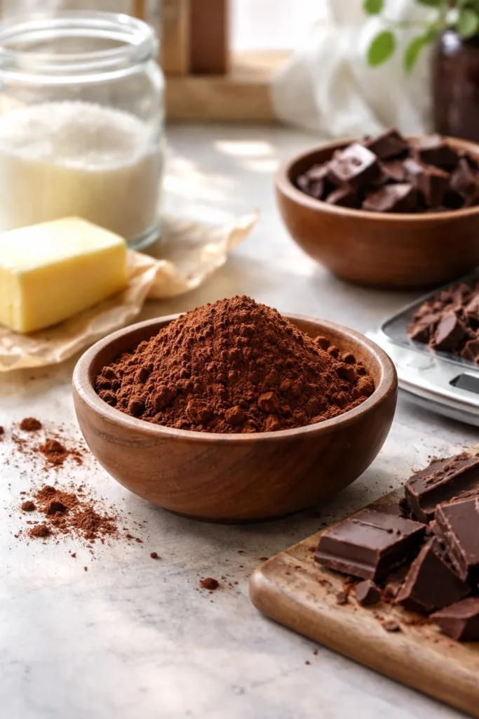 Rich Chocolate Ganache Cake for Birthdays 4 Dutch-process cocoa powder in a wooden bowl on a clean surface