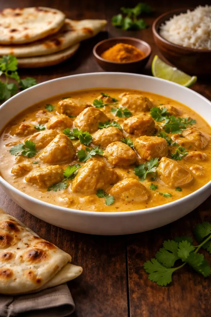 10 Easy Indian Curry Recipes for Weeknights 7 Coconut chicken curry in a white bowl with tender chicken pieces in creamy sauce