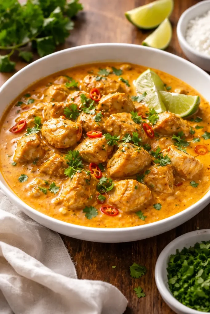 Creamy coconut curry chicken in a white bowl with orange-yellow sauce.