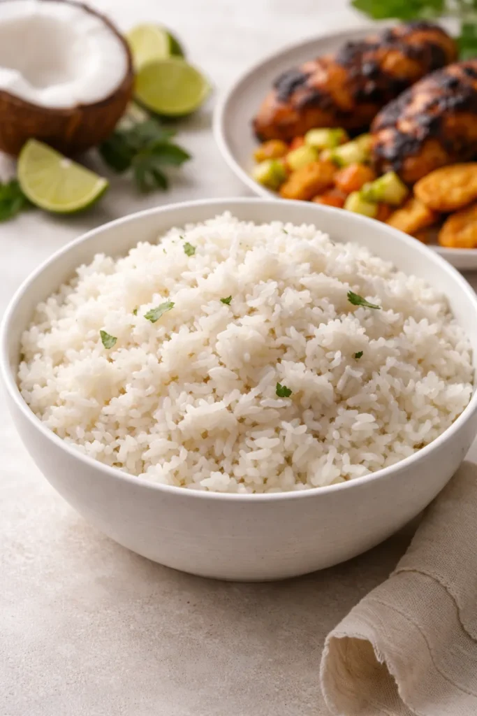 Bowl of creamy coconut rice as a side dish