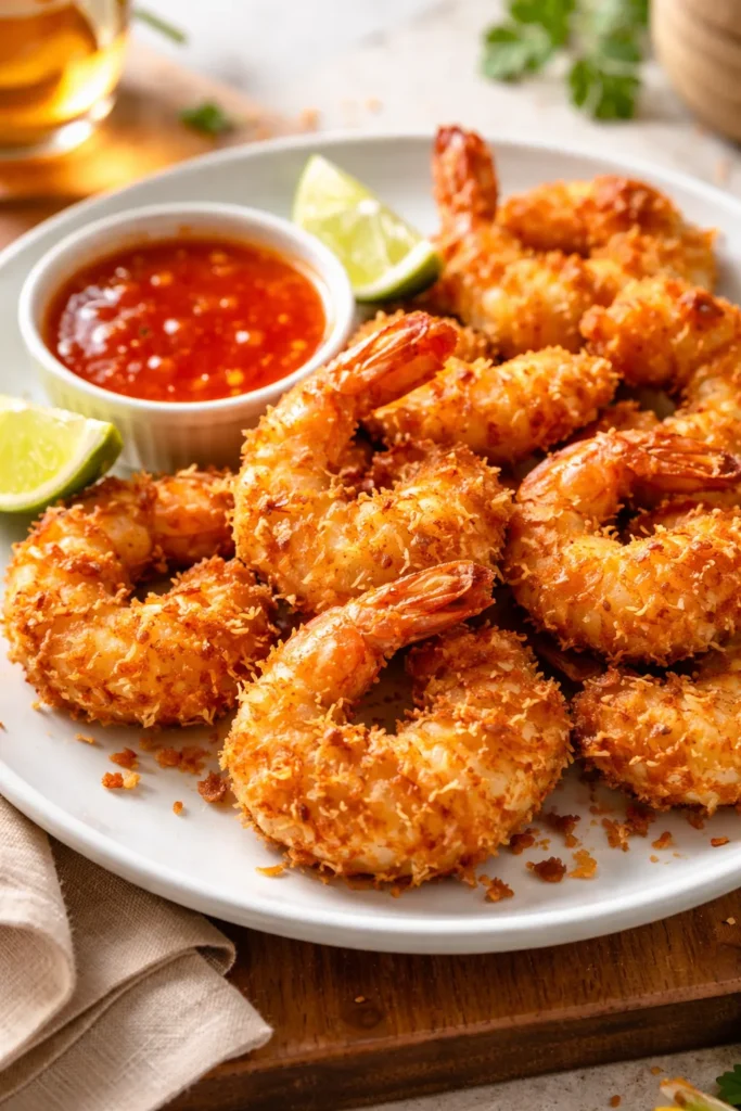 12 Air Fryer Dinners Crispy Without the Oil 7 Close-up of jumbo coconut-crusted shrimp on white plate