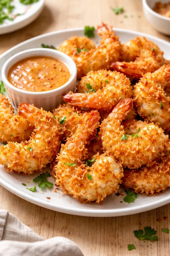 Coconut-crusted shrimp on a clean plate with a golden crust