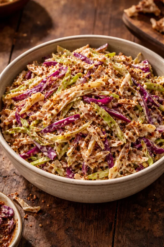 Close-up of BBQ-seasoned coleslaw with smoky rub and mustard grains