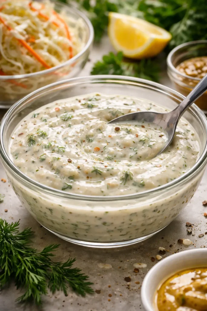 Glossy coleslaw dressing with herbs in a glass bowl