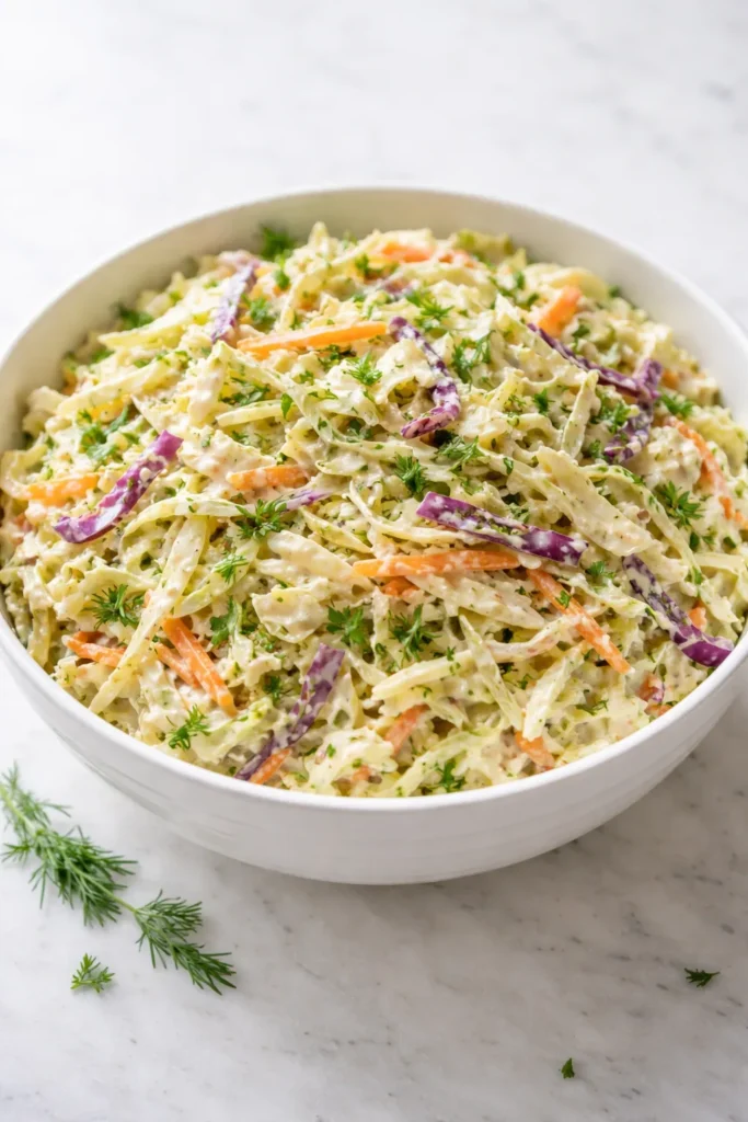 Creamy honey Dijon coleslaw with fresh herbs in a bowl