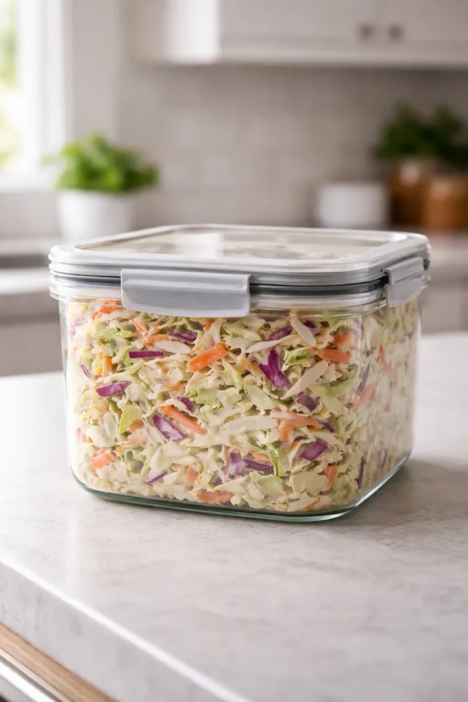 Airtight container holding coleslaw for make-ahead storage