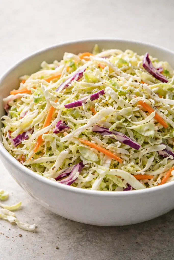 Crisp shredded cabbage in a dish highlighting coleslaw textures