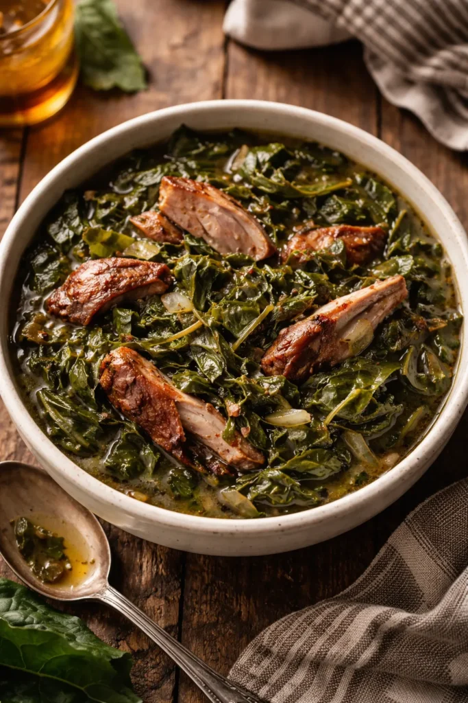 Collard greens with smoked turkey in a bowl