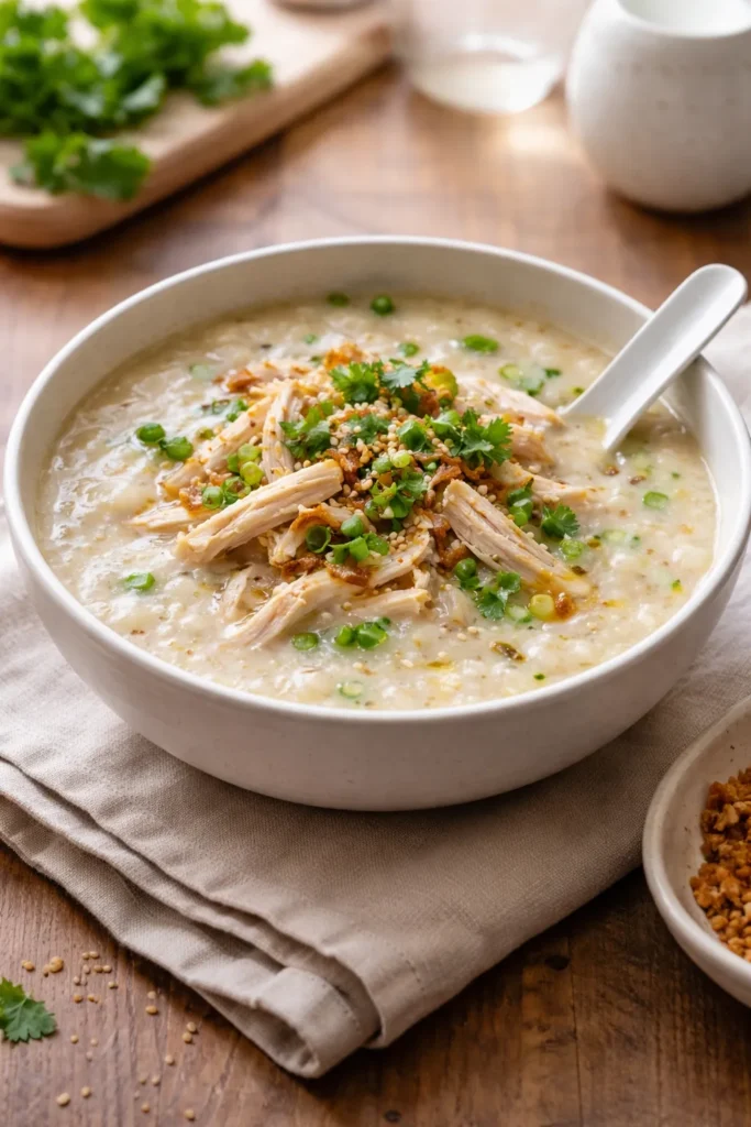 Congee with shredded rotisserie chicken in a bowl
