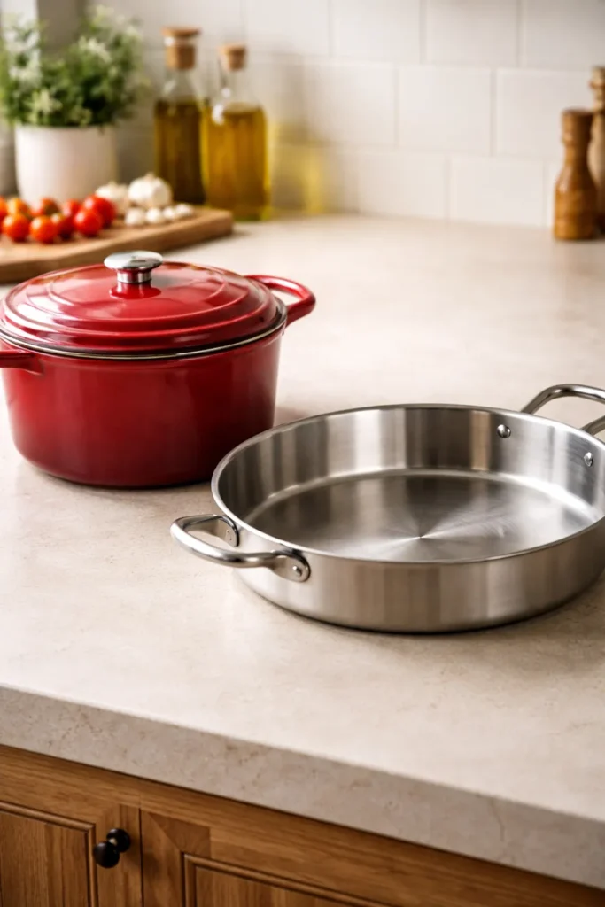 10 One-Pot Pasta Recipes With Easy Cleanup 3 Side-by-side Dutch oven and straight-sided skillet demonstrating cookware options for one-pot pasta