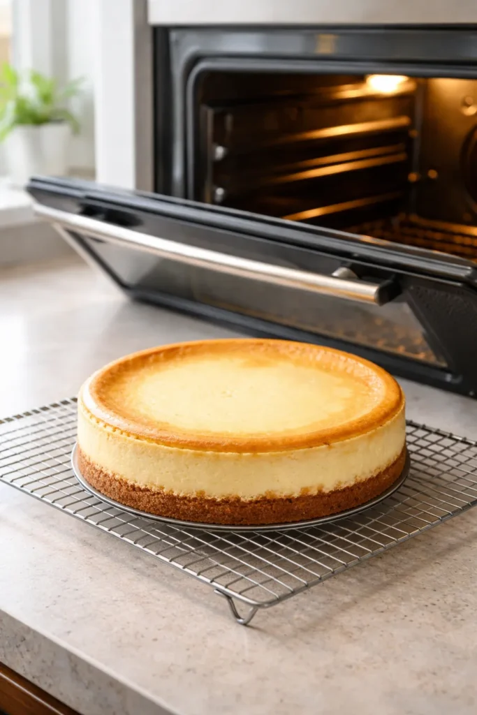 How to Bake a Rich Cheesecake Without Cracking 6 Cheesecake cooling on a wire rack at room temperature