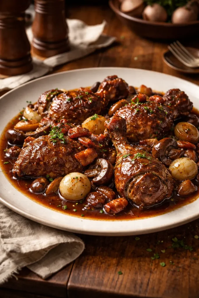8 French Dishes Easier Than You Think 3 Coq au Vin plated chicken braised in red wine with mushrooms