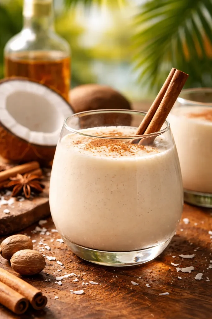 Creamy coquito in a glass with a cinnamon stick