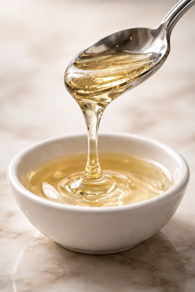 Spoon dripping pale corn syrup into dish