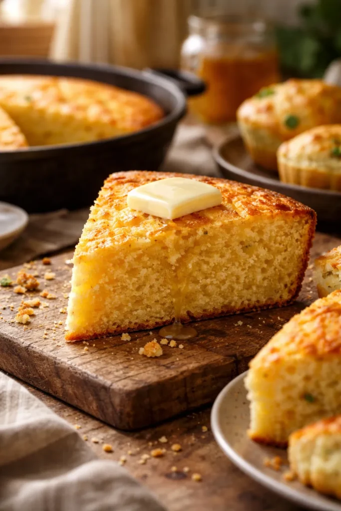 10 Ways to Use Leftover Buttermilk in Baking 9 Slice of golden cornbread on a wooden board with butter.