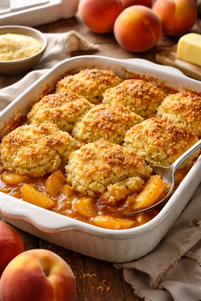 Southern style peach cobbler with a textured yellow cornmeal biscuit topping