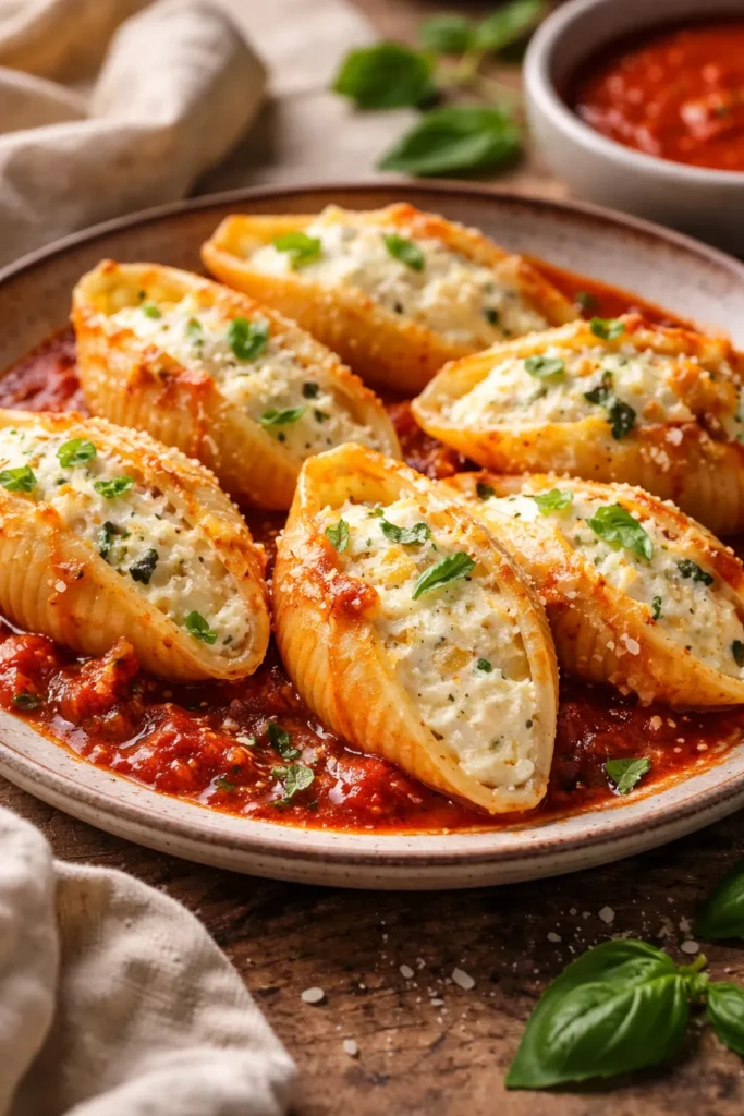 10 Stuffed Pasta Shell Recipes for Dinner 8 Cottage cheese stuffed shells on a rustic plate