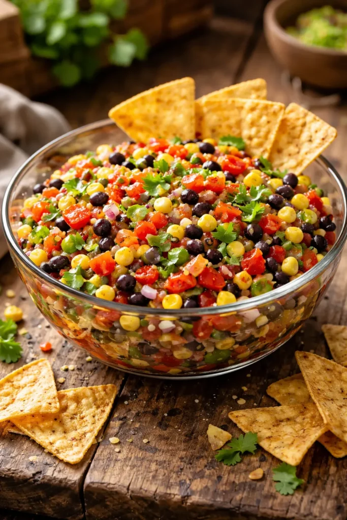 8 Easy Dip Recipes for Parties and Snacking 7 Colorful cowboy caviar in a bowl on a wooden table with tortilla chips