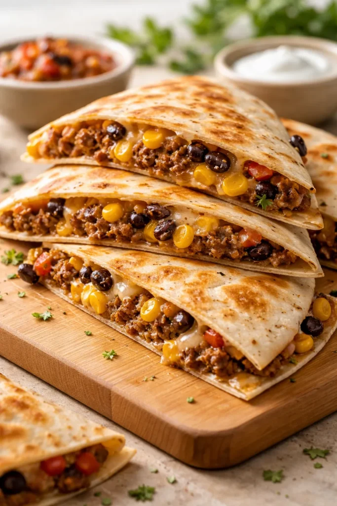 12 Kid-Friendly Dinners Beyond Chicken Nuggets 9 Quesadilla triangles with beef, corn, beans and cheese on a wooden board